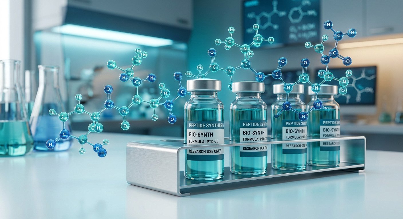 Laboratory vials and molecular structures representing peptide research